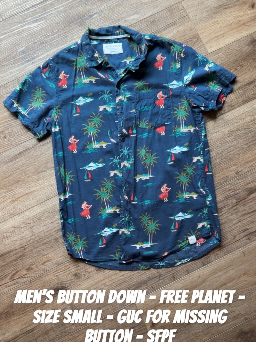 Free Planet Navy Hawaiian Print Short-Sleeve Button-Down Shirt